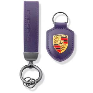 PORSCHE STUTTGART HOTROD Purple Suede Leather Crest KeyRing Key Chain